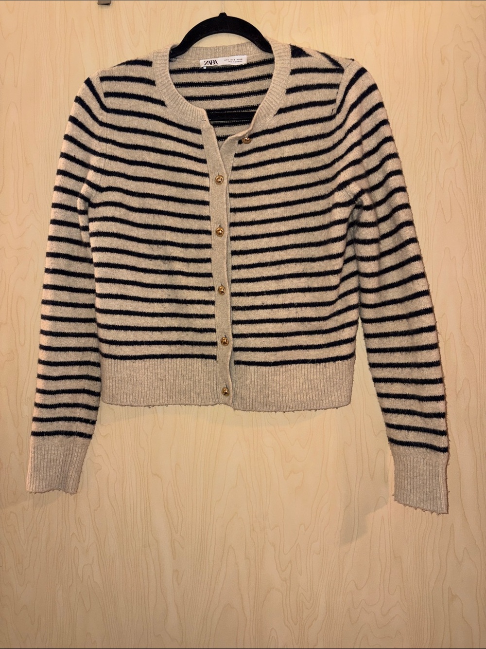 Zara Cream and Black Striped Button-Up Cardigan